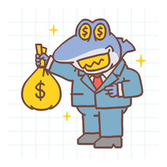 Boss shark standing points to bag of money and smiles. Hand drawn character. Vector Illustration
