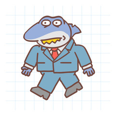 Boss shark with serious face in suit walks. Hand drawn character. Vector Illustration