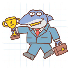 Boss shark holds gold cup holds suitcase and walks. Hand drawn character. Vector Illustration