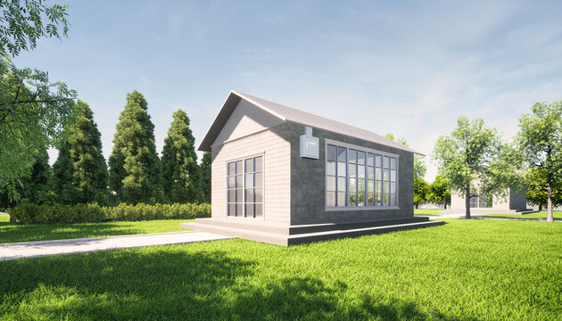 3d rendering of eco house building design and green power energy consist of solar cell or photovoltaic cell in solar shingles and electrical cabinet. System technology for generate electrical power.