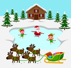 Cute cartoon style illustration of Santa Claus and elves ice skating