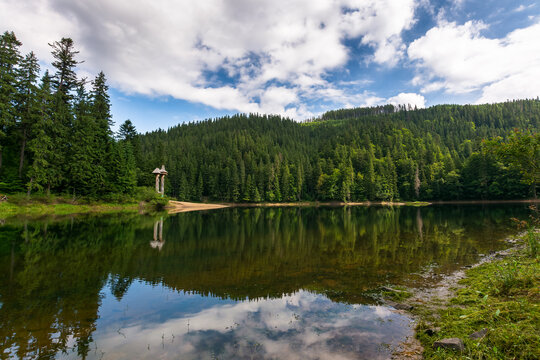 landscape with calm lake in summer. forest reflection in the water. beautiful travel background of synevyr national park, ukraine. tranquil green nature scenery. sunny outdoor environment