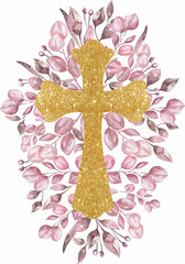 Watercolor hand painted Pink Florals and gold Cross Clipart, Easter Religious greenery illustration,  Baptism Cross clip art,  Holy Spirit clipart, golden frame, wedding