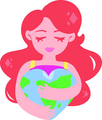 Color illustration: Girl hugs planet Earth in the shape of a heart