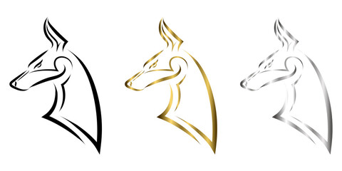 Black gold and silver line art of Doberman Pinscher dog head. Good use for symbol, mascot, icon, avatar, tattoo, T Shirt design, logo or any design you want.