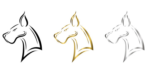 Black gold and silver line art of Great Dane dog head. Good use for symbol, mascot, icon, avatar, tattoo, T Shirt design, logo or any design you want. - obrazy, fototapety, plakaty
