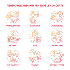 Renewable and non renewable energy red gradient icons set. Types of power resources idea thin line color illustrations. Isolated outline drawings. Roboto-Medium, Myriad Pro-Bold fonts used