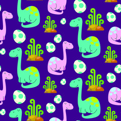 cute dinosaurs vector illustration, brontosaurus cute little dinosaurs seamless pattern