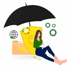 woman sets a password on a laptop. Security and protection of confidential personal data on the Internet. Flat vector illustration