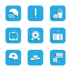 Set Medal with star, Western cowboy hat, Indian headdress feathers, Pumpkin, Military helmet, Retro tv, Burger and french fries and American football icon. Vector