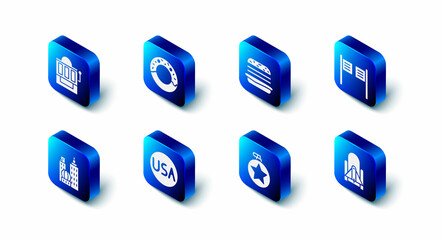 Set Donut, Burger, Saloon door, Rocket launch from the spaceport, Canteen water bottle, USA label, City landscape and Slot machine icon. Vector