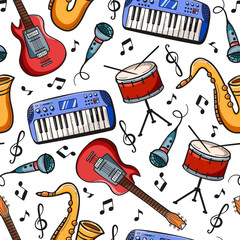 Seamless pattern with musical instruments in doodle style.