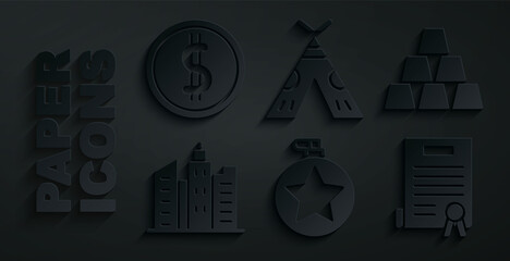 Set Canteen water bottle, Gold bars, City landscape, Declaration of independence, Indian teepee or wigwam and Coin money with dollar icon. Vector © Kostiantyn