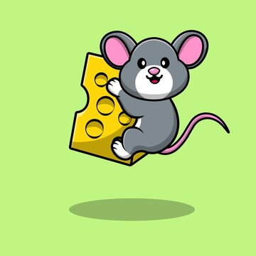 Cute Mouse On Cheese Cartoon Vector Icon Illustration. Animal Food Icon Concept Isolated Premium Vector. Flat Cartoon Style