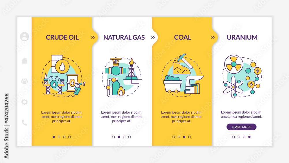 Aufkleber limited energy sources onboarding template. nonrenewable fossil fuel. responsive mobile website with