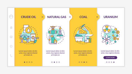 Limited energy sources onboarding template. Nonrenewable fossil fuel. Responsive mobile website with linear concept icons. Web page walkthrough 4 step screens. Lato-Bold, Regular fonts used © IMG visuals icons