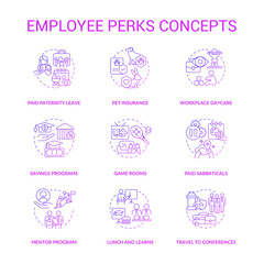 Company workers perks concept icons set. Job extra benefit. Non-wage advantages. Staff bonuses idea thin line color illustrations. Isolated outline drawings. Roboto-Medium, Myriad Pro-Bold fonts used