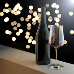 3D render. A bottle and a glass of red wine are on the table. Mockup on a dark background with bokeh. Mock up