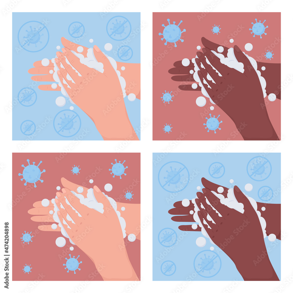Poster washing hands for hygiene flat color vector illustration set. cleansing in water with soap to avoid 