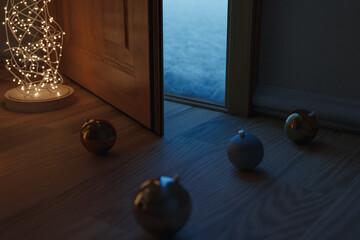 3d rendering of christmas balls laying on laminate floor next to open front door covered with a thick snow cover. Concept white christmas