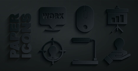 Set Table lamp, Chalkboard with diagram, Head hunting concept, Hand for search people, Computer mouse and Location text work icon. Vector