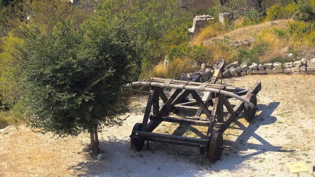 Big wooden catapult in the castle of Les Baux de Provence