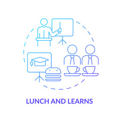 Education during lunch concept icon. Company staff collaborative and educative event abstract idea thin line illustration. Isolated outline drawing. Roboto-Medium, Myriad Pro-Bold fonts used