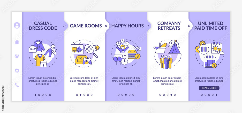 Poster workplace environment perks onboarding template. happy hours. responsive mobile website with linear 