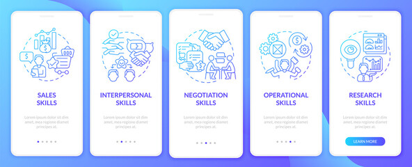 Skills for wholesaler onboarding mobile app page screen. Start business walkthrough 5 steps graphic instructions with concepts. UI, UX, GUI vector template with linear color illustrations