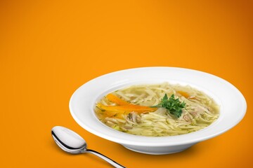 Tasty noodle dish with vegetable and vegetable broth