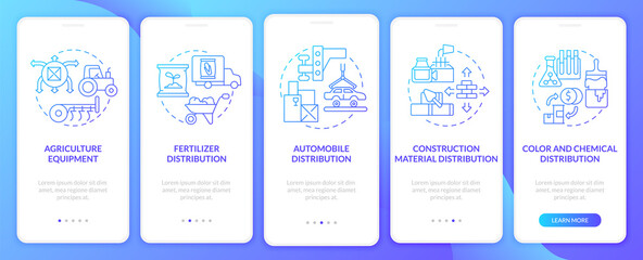 Distributor startup ideas onboarding mobile app page screen. Wholesale walkthrough 5 steps graphic instructions with concepts. UI, UX, GUI vector template with linear color illustrations