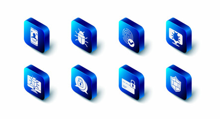 Set System bug, Fingerprint, Shield with brick wall, Credit card lock, Cyber security, on monitor and Mobile and face recognition icon. Vector