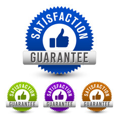 Colorful satisfaction guarantee badge with thumbs up symbol isolated on white background. vector design. 
