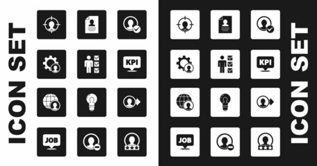 Set Create account screen, User of man in business suit, Head hunting, Key performance indicator, Resume, and Globe and people icon. Vector