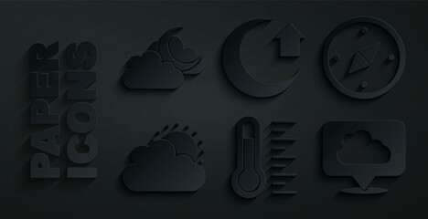 Set Meteorology thermometer, Compass, Sun and cloud weather, Location, Moon and Cloud with moon icon. Vector