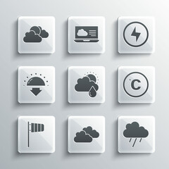 Set Cloud, with rain, Celsius, and sun, Cone windsock wind vane, Sunset, cloud weather and Lightning bolt icon. Vector