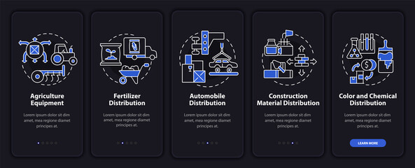 Distributor business ideas onboarding mobile app page screen. Wholesale walkthrough 5 steps graphic instructions with concepts. UI, UX, GUI vector template with linear night mode illustrations