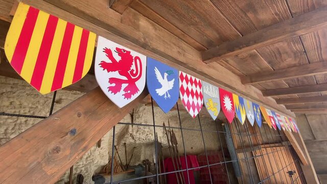 Collection of coats of arms at the entrance to the armory of the Chateau of Les Baux de Provence