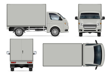 Small box truck vector mockup on white background for vehicle branding, corporate identity. View from side, front, back, top. All elements in the groups on separate layers for easy editing and recolor