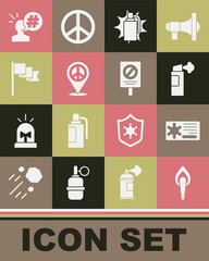Set Torch flame, Police badge, Pepper spray, Hand grenade, Location peace, marker, Protest and icon. Vector