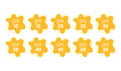 Icons for sunscreen products. Set of flat SPF sun protection icons isolated on white background. spf 30, 50, sun, UV protection, vector illustration