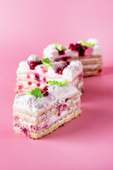 Pieces of Tasty Homemade Biscuit Cake on Pink Background Tasty Dessert with Cream Vertical