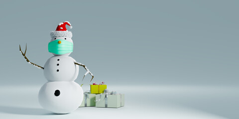 Safety merry Christmas festival concept, snowman with face mask for Covid-19 prevention, 3D illustrations rendering