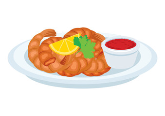 Fried shrimp food with dip sauce vector. Seafood on a plate icon isolated on a white background. Prawns icon vector