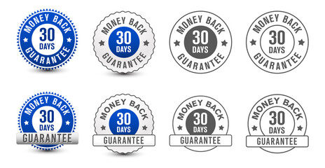 Different types of 30 days money-back guarantee badge set isolated on white background. vector design. 
