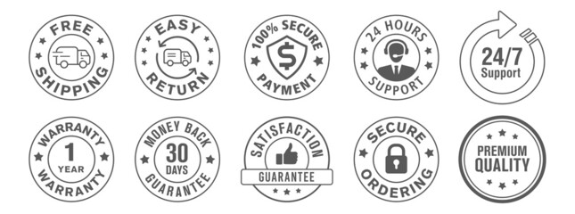 Simple and powerful e-commerce shopping security icon of free shipping, warranty, money back, satisfaction, etc. isolated on white background. 
