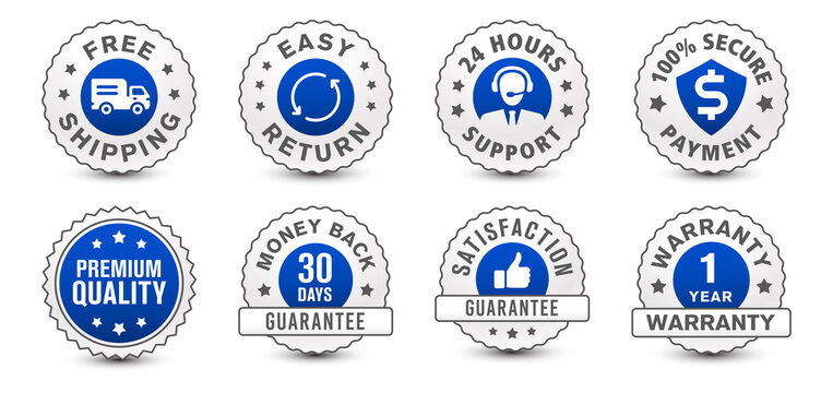 Premium quality, secure payment, free shipping, easy return, customer support along with various important powerful badges set isolated on white background for e-commerc and online shipping experience
