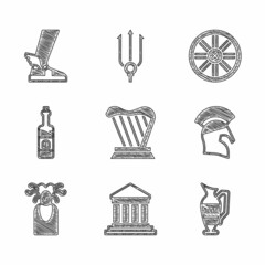 Set Harp, Parthenon, Ancient amphorae, Greek helmet, Medusa Gorgon, Bottle of wine, Old wooden wheel and Hermes sandal icon. Vector