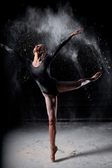 beautiful slender ballet dancer woman wearing bodysuit, posing dancing among the cloud of flying...