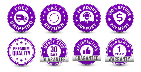 Money back, warranty, 24-hour support, etc. different types of online e-commerce security purple badges isolated on white background. 
